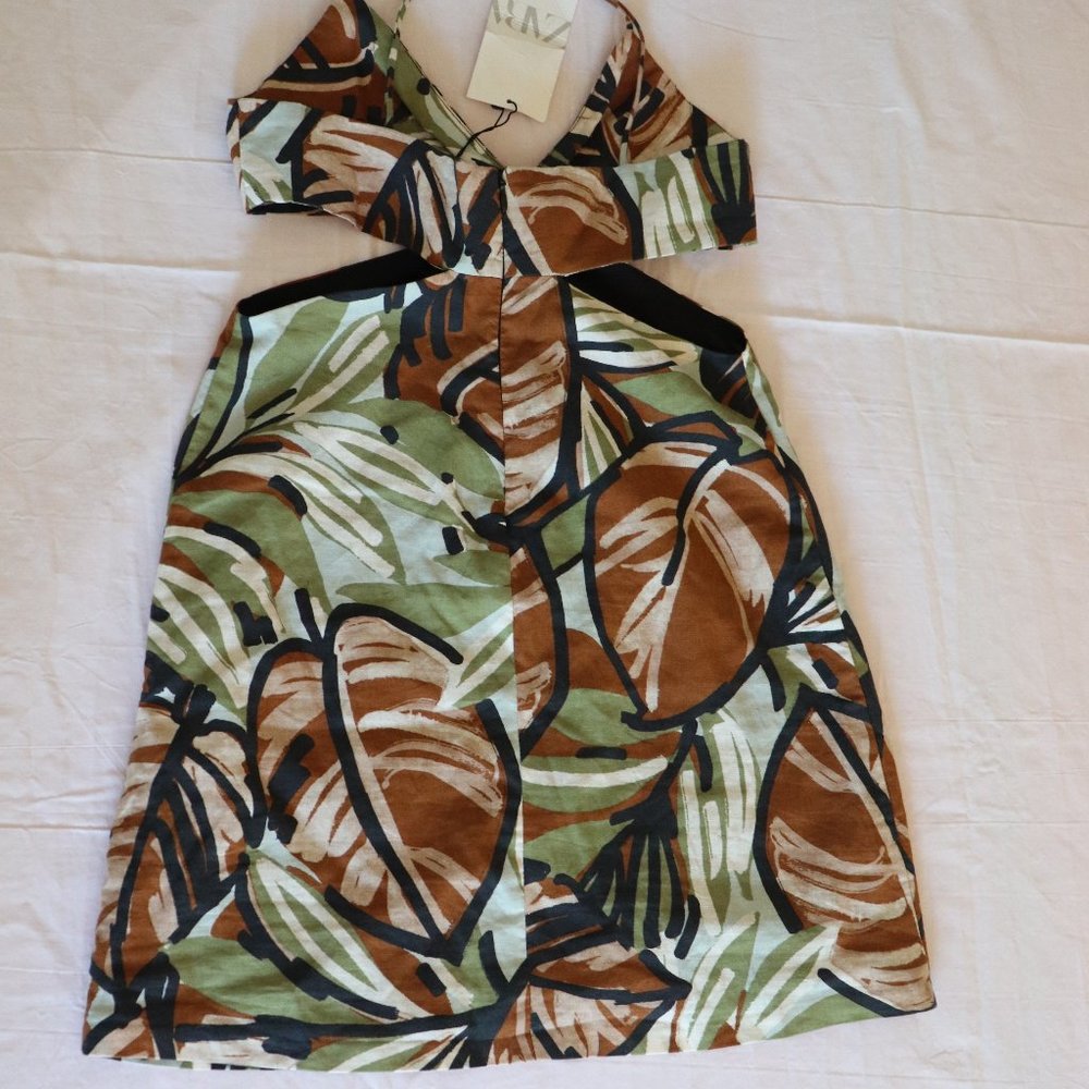 SOLD NWT Zara Side Cutouts Tropical Print Linen Mini Dress S - Picture 3 of 4